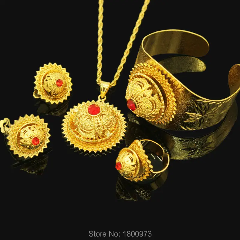 

New Ethiopian Color Stone Jewelry Sets 24k Gold Color Pendant/Necklace/Earrings/Ring/Bangle for African/Eritrean Women Wedding