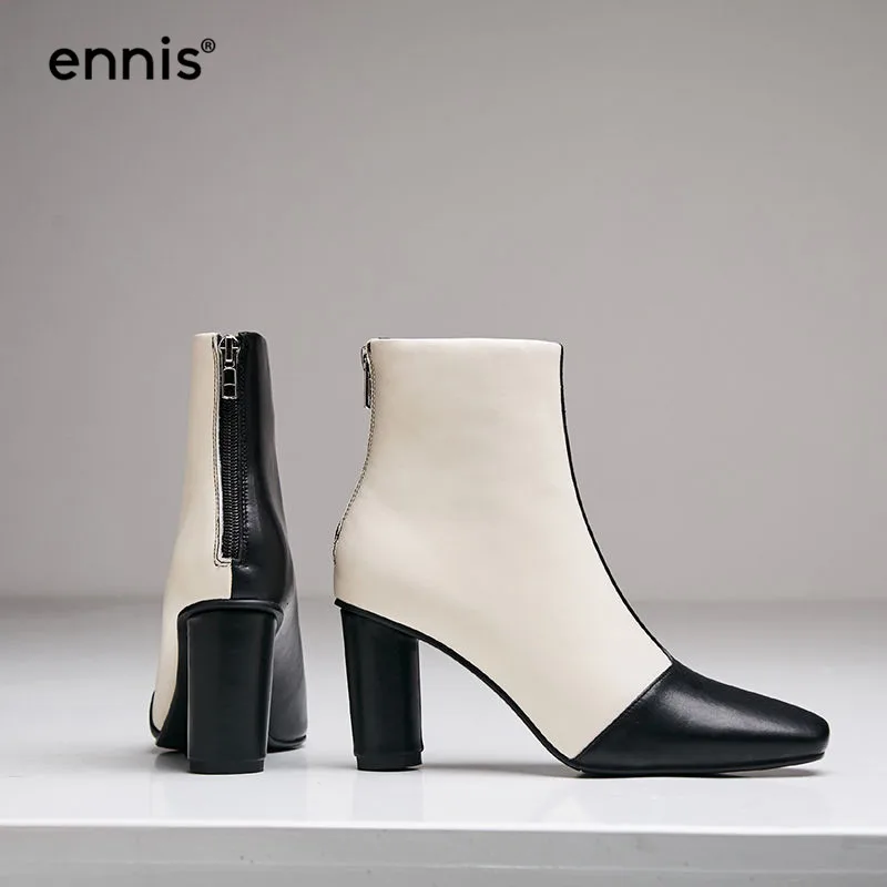 

ENNIS 2019 Autumn Winter Short Boots Women Genuine Leather Ankle Boots High Heel Fashion Zip Boots Female Patchwork Shoes A8139