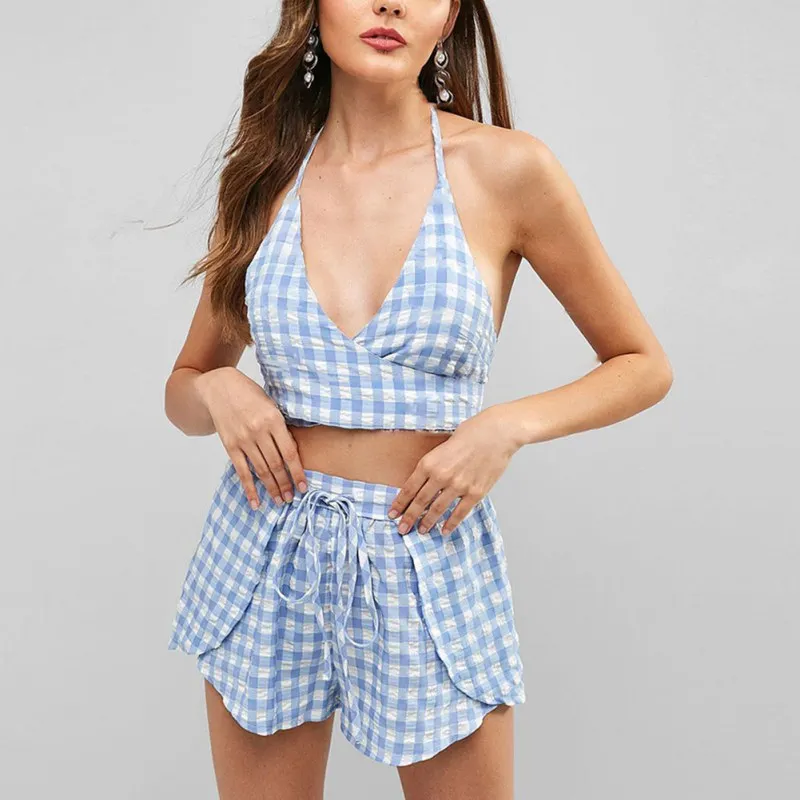 

Women Sexy Fashion lattice Lace cross Strap Shirt Shorts Two-Piece Set Skirt Cool Short Women Beach Swimming Suit