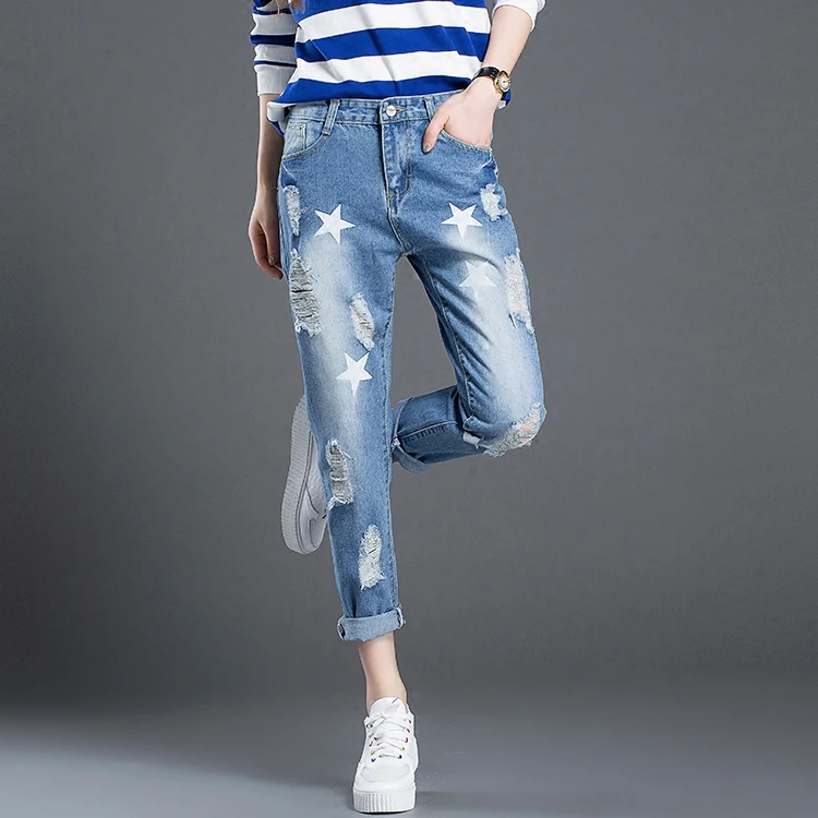 

Women Jeans 2017 New Print Star Denim Hole Nineth Cowboy Jeans Bule Ripped Bleached Female Denim Jeans