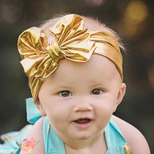 TWDVS головная повязка для новорожденных Прохладный Сияющий большой золотой с бантиком, эластичная повязка на голову Детские аксессуары для волос резинка с бантом волос T13