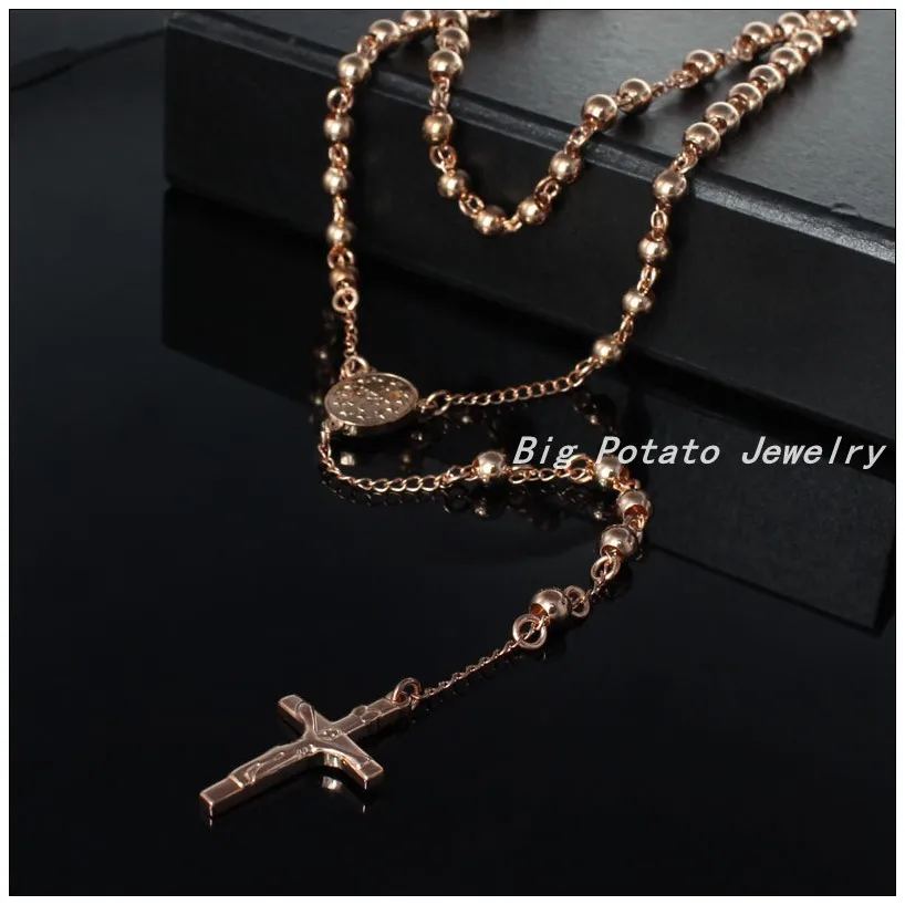 

Free Shipping 316L Stainless Steel Rose Gold Handmade Sweater Beads Chains Crucifix Cross Jesus Necklaces For Women Girl