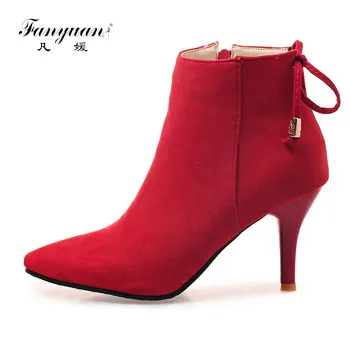 

Fanyuan Fashion Pointed Toe Women Boots Solid Flock Zipper Ankle Boots Winter Thin High Heels Boots Butterfly Knot Western Boots