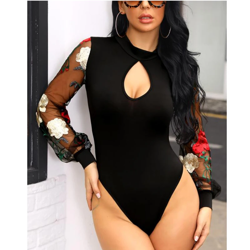 

Women Sexy Mesh See Through Long Sleeve Bodysuit Romper Black Floral Print Hollow Out Sexy Sheer Bodysuit Short Jumpsuit
