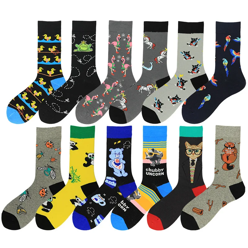 

New Casual Combed Cotton Men's Dress Socks Tend Hip Hop Funny Happy Socks Colorful Yellow Duck Panda Pattern Long Socks For Male