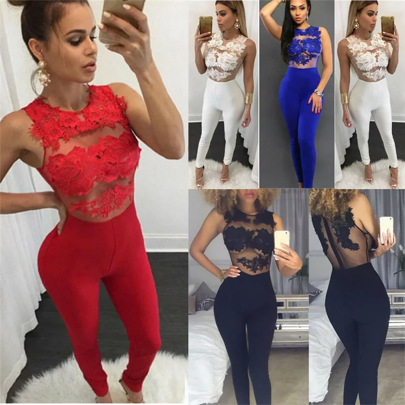 

Sexy Womens 4 Colour Sleeveless Bodycon Lace Romper Bodysuit Long Jumpsuit Size 8 - 14