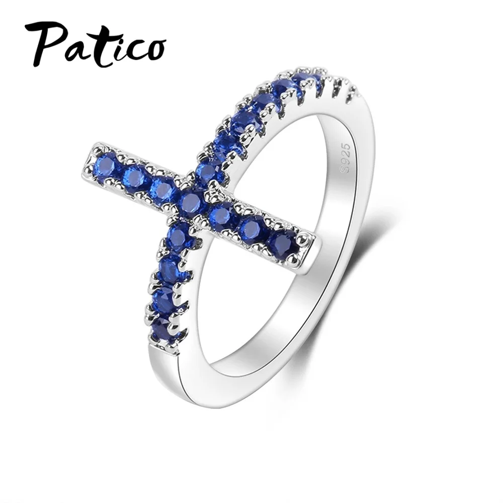 

Real 925 Sterling Silver Cross Sideways Rings for Women Girls Party Gift Shining Blue CZ Crystal Zircon Jewelry Bague