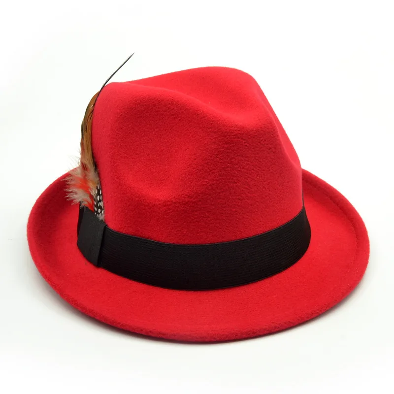 Винтажные джазовые шляпы, женские шерстяные фетровые шляпы с перьями, одноцветные фетровые шляпы Трилби, шапка для церкви, повседневные шляпы джентльменов, мужские шляпы - Цвет: Красный