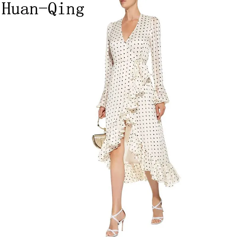 

Runway Women Ruffles Asymmetrical Dress Vintage Wave Point Party Dresses Sexy V-Neck Flare Sleeve Elegant Long Dress Vestidos