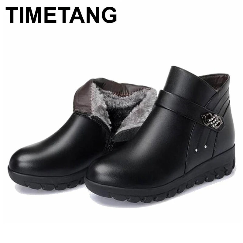 

TIMETANG Women Boots 2018 Fashion Shoes Woman Genuine Leather Wedges Ankle Boots Winter Casual Wool Warm Snow Boots Women Shoes