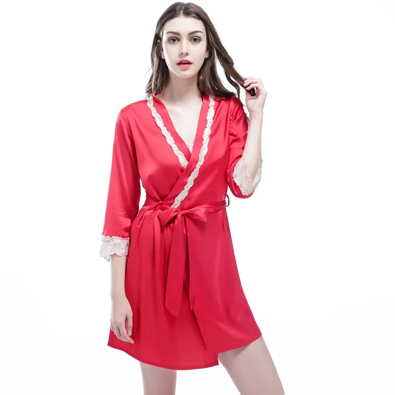 Hot Sale Mid sleeve Sexy Women Deep V Nightwear Robes Solid Lace