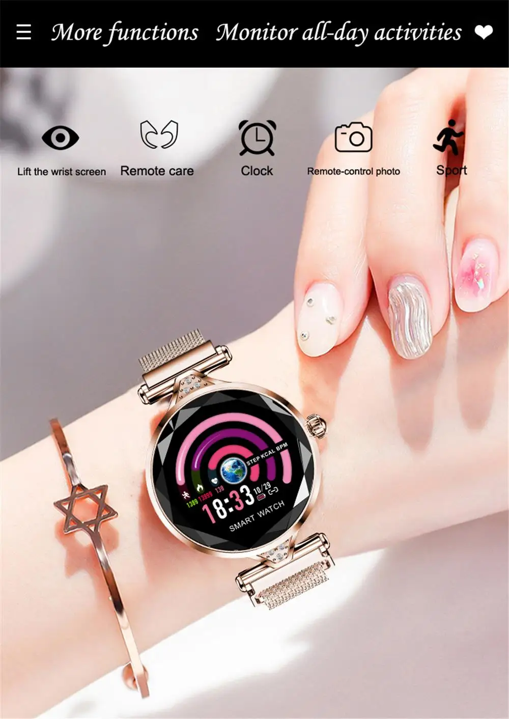 H1 Women Fashion Smart Watch Blood Pressure Heart Rate Monitor Fitness Tracker Bracelet lady Smartwatch Diamond Color Screen