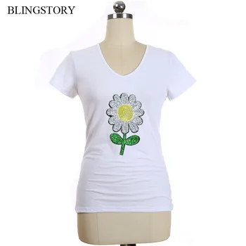 

BLINGSTORY Sequin Flower V-neck Short Sleeve T-shirt Plus Size Summer Tops for Women