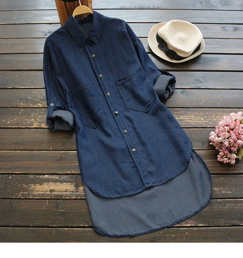 Women Loose Casual Long Sleeve Denim Shirt Autumn Vintage Solid Blue Ladies Blouses Turn-down Collar Blouse Jean Plus Size 5XL