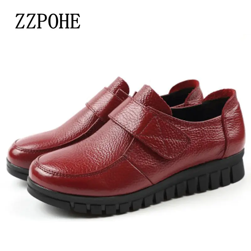 Beste ZZPOHE Lente herfst nieuwe lederen moeder enkele schoenen middelbare leeftijd zachte comfortabele grote size vrouw schoenen grootmoeder platte schoenen