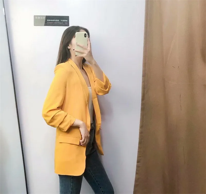 ROHOPO EU Size Women Chic Blazer Draped Cuff Office Ladies Solid Yellow Straight Casual Outwear Baggy Side Pocket Blazers #UZ920