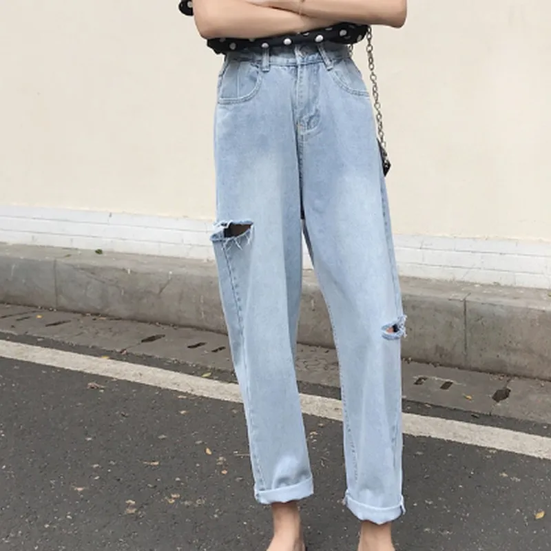 

Light Blue Side Ripped Hole High Waist Jeans Woman Spring Summer Casual Loose Boyfriend Jeans for Women Ankle-length Pants