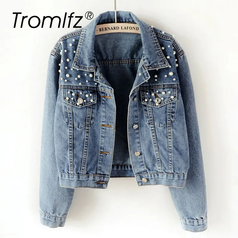 

Tromlfz Pearl Beading Short Denim Jacket Women Plus Size White Wash Long Sleeve Vintage Casual Jean Jackets Bomber Denim Coat