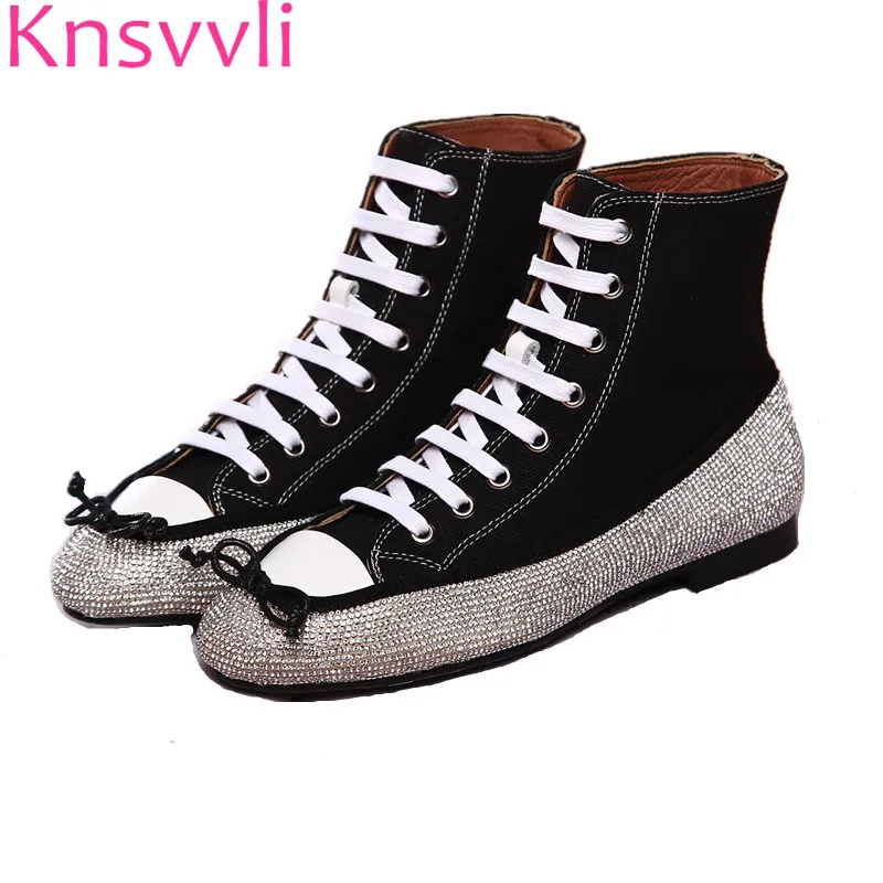 

Crystal Jeweled Flat low Heel Shoes Woman Black Patchwork Rhinestone Bordered lace-up Casual flats Canvas Shoes Women
