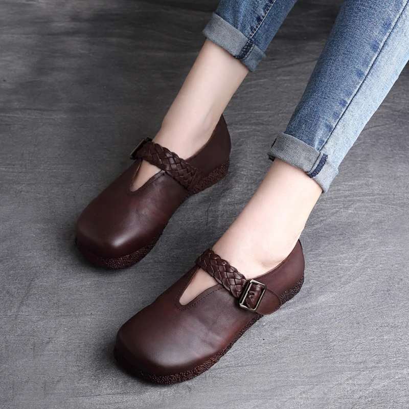 

Women Leather Flats Ankle Strap Black Low Heels Casual Shoes Women Spring 2019 Retro Loafers Women Handmade Genuine Leather Shoe