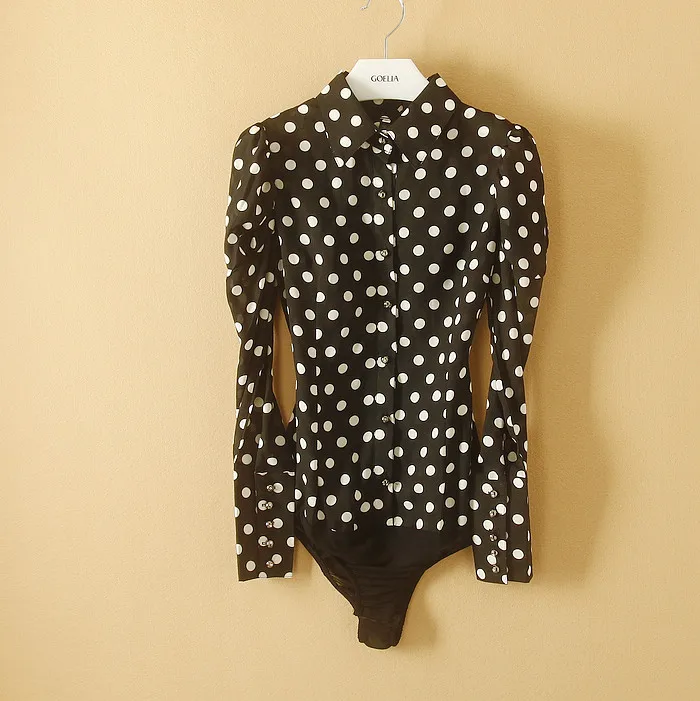 Polka Dot Stand Collar Full Sleeves Tops For Women Chiffon Tops Casual Black Shirt Women Blouses 