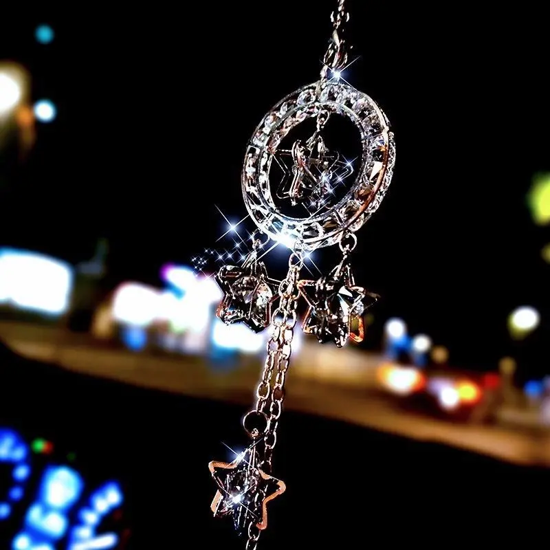 Fashion Car Rearview Mirror Hanging Five pointed Star Crystal Charm Dangling Pendant Ornament