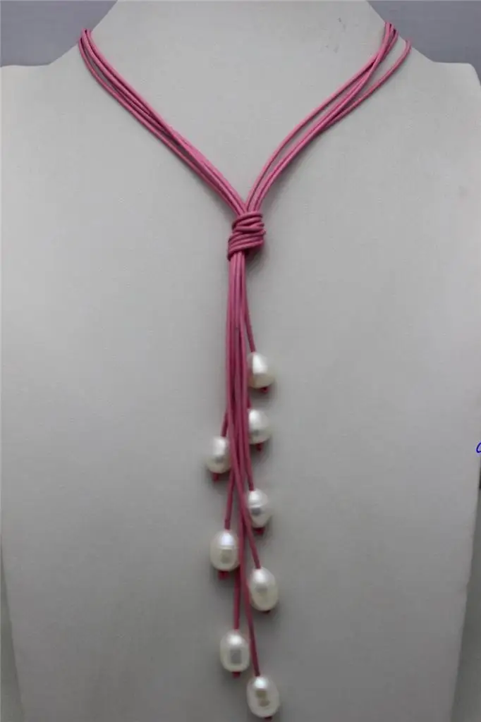 

huij 004895 Pink Leather 8 bead white Freshwater Pearl Necklace 10x12mm 20" "Handmade" Alloy