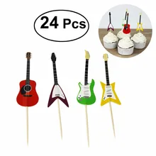 BESTOYARD Juego de 24 unidades de guitarra para cupcakes, púas con forma de instrumento Musical, herramientas de decoración de pasteles para decoración de fiesta de cumpleaños