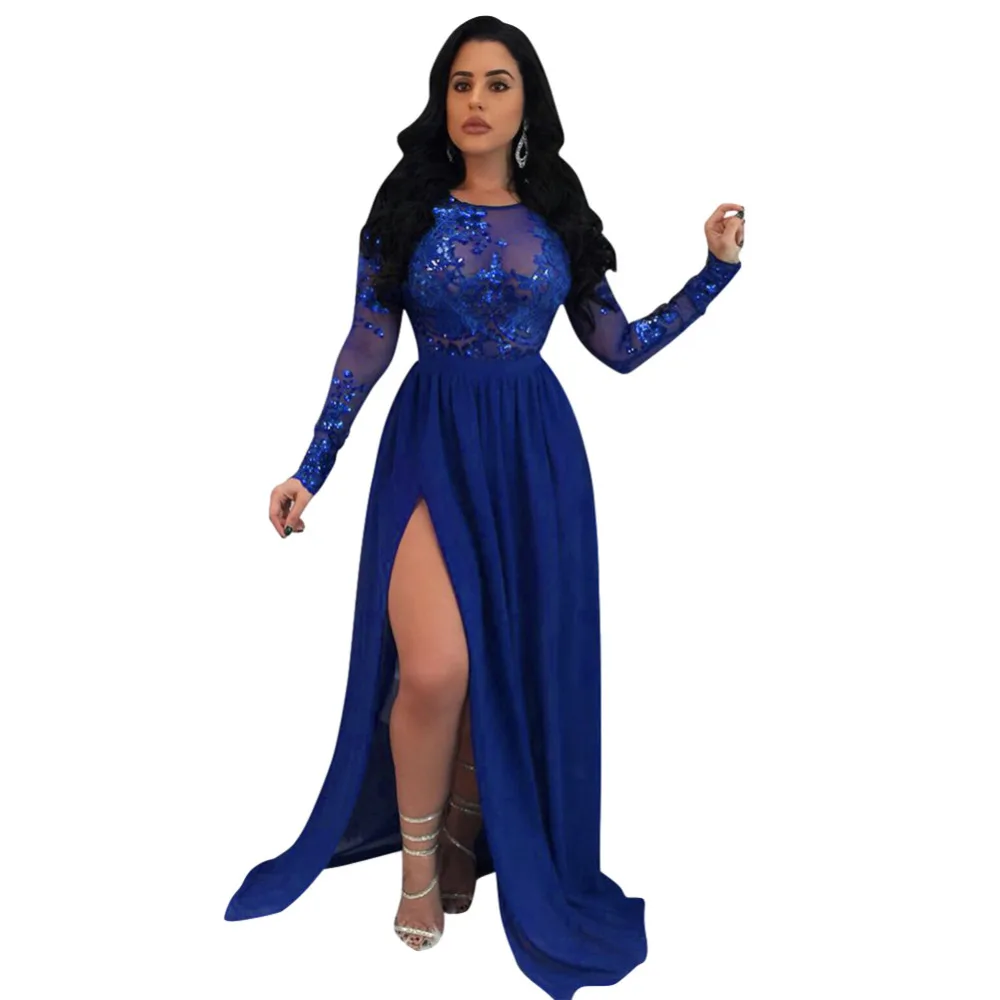 

Sexy Women Long Maxi Dress Sheer Mesh High Split Sequin Dress Backless Long Sleeve Nightclub Chiffon Party Dresses Red/Blue