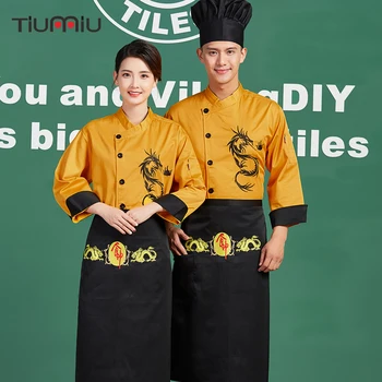

New Chef Work Uniforms Embroidery Dragon Workwear Clothes Restaurant Kitchen Cooking Uniforms Waiter Coats BBQ Jackets Men Women