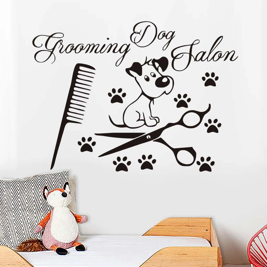 Dog Paw Scissors Comb Vinyl Wall Sticker For Dogs Grooming Salon Pet
