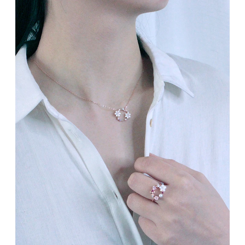 

YEAJEWEL Delicate Zircon Crystal Shell Flower pearl necklace rose gold color jewelry for women/girls gift wedding party