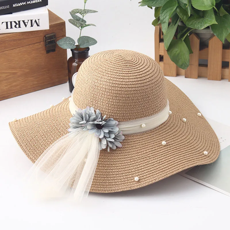 Women Flower Foldable Straw Hat Fashion Pearl Mesh Cap Summer Ladies Wide Wave Brim Beach Hats Handmade Sun Caps CP0221 (7)