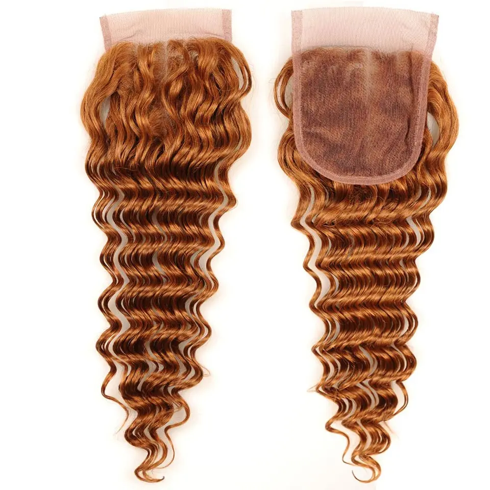 Pinshair Deep Wave 3 Bundles With Closure Blonde 30 Peruvian Human Hair Bundle With Middle Part Closure 10-26 Inch Non Remy Hair (40)