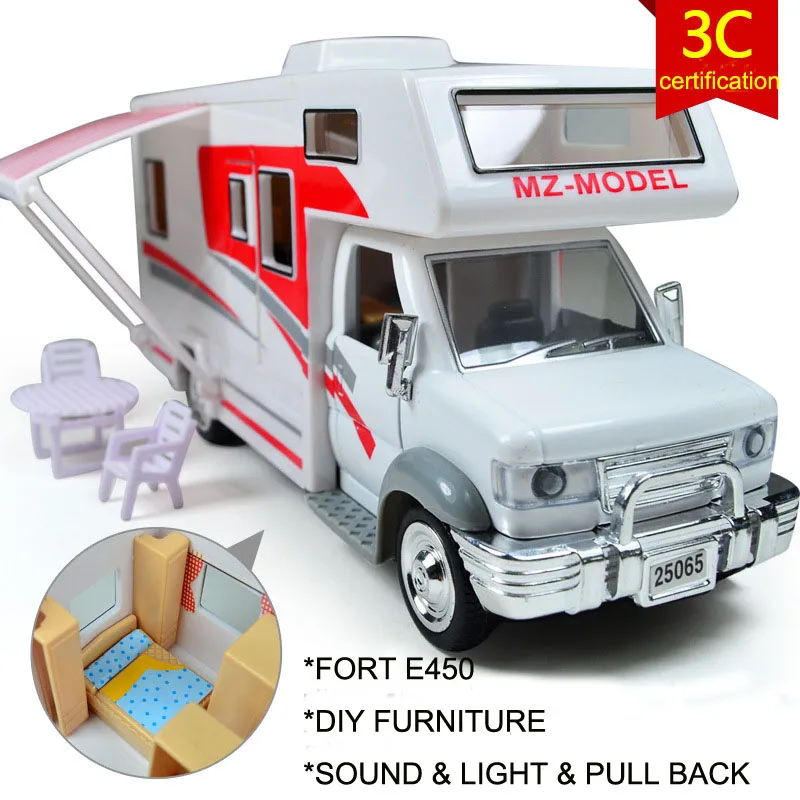 

Diecast 1:28 DIY RV acousto-optic children toy recreational vehicle caravan with sound Flashing pull back Travel Van models
