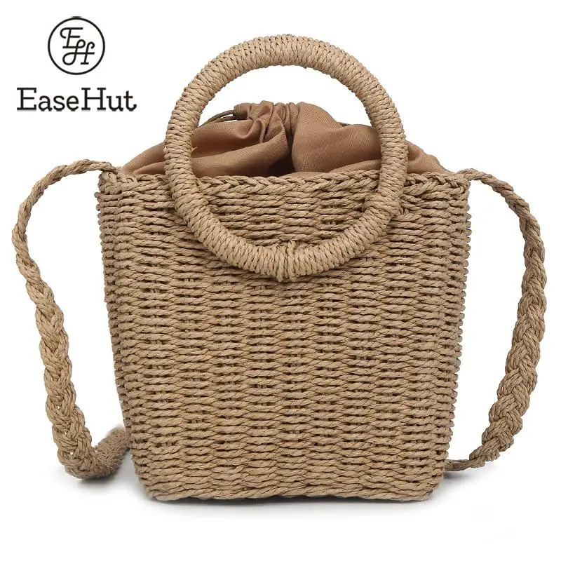 EaseHut, соломенная тканая сумка, новинка, модная женская сумка на шнурке ручной работы, круглая ротанговая сумка через плечо, богемная пляжная сумка-тоут