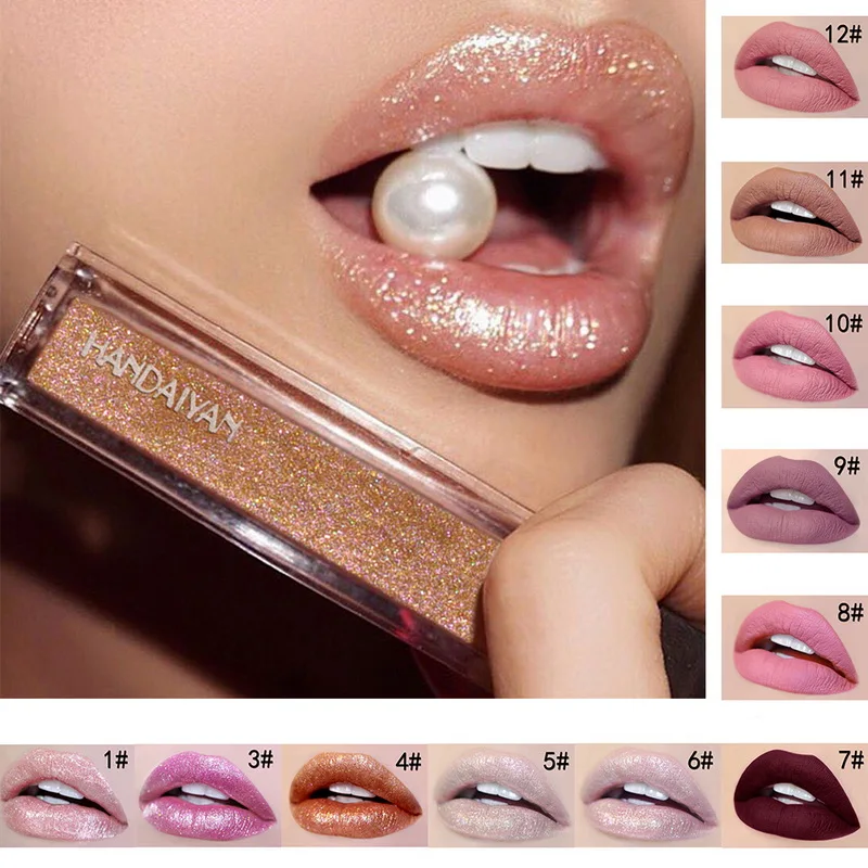 

HANDAIYAN 2019 Red Matte Liquid Lipstick Diamond Gold Silver Hot Lip Gloss Waterproof Flash Shimmer Glitter Lip Gloss