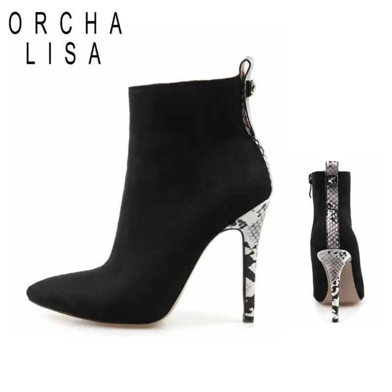 ORCHA LISA Sexy ankle boots stiletto heel for Women ladies snake print high heel slip on boots Women shoes pointed toe Black