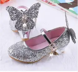 Новая детская мода туфли на высоком каблуке с пайетками обувь мода вечерние для девочек принцесса Вечеринка выступление тонкие туфли для