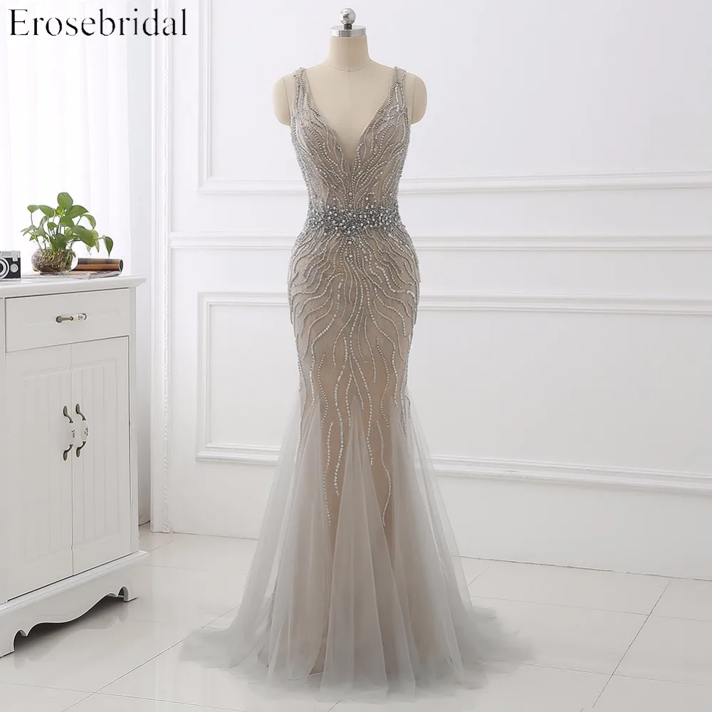 Женское длинное вечернее платье Русалка Erosebridal серое роскошное со шлейфом и