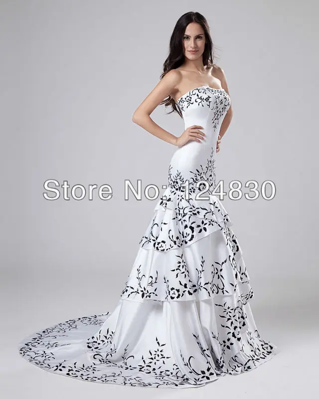 Amazing Taffeta Black Embroidery Layers A Line White Bridal
