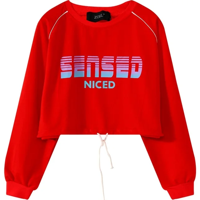 Women Crop Top 2018 Winter Letter Printed Long Raglan