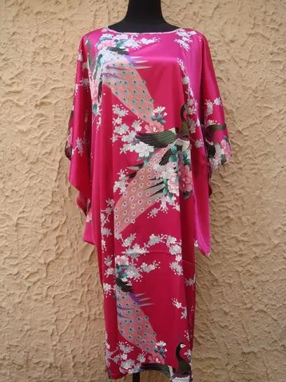 Продвижение ярко-розовый винтажный женский шелковая ночная рубашка с принтом Lounge халат классический кимоно платье очаровательное домашнее платье один размер