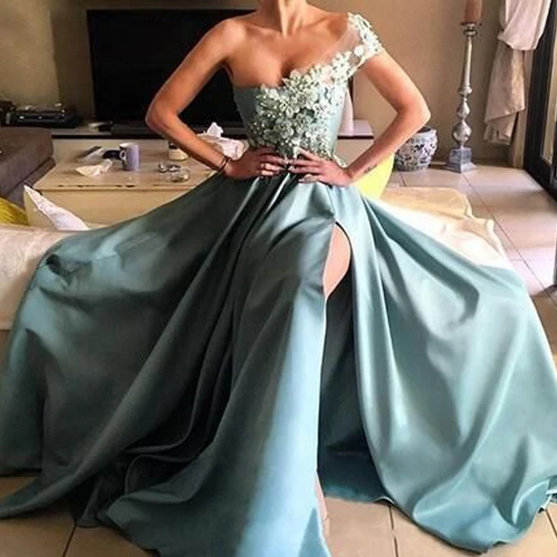 

One Shoulder Neckline 3D-flowers Beading Prom Dress with Split Side Zipper A-line Sweep Train Satin Part Evening Dress Adult