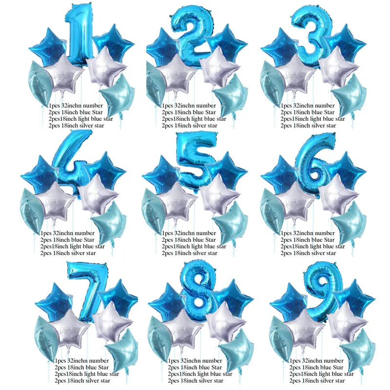 7 шт., шары с днем рождения, 32 дюйма, шары с цифрами+ Гелиевый шар из фольги со звездой, Детские От 1 до 5 лет вечерние украшения, детские игрушки для душа - Цвет: Синий
