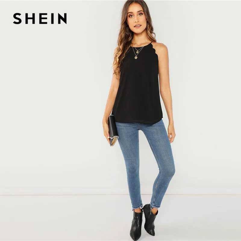 SHEIN Топ С Фестонами На Бретельках Повседневные Летние Модные Топы Без Рукавов Однотонный Элегантный Летний Топ