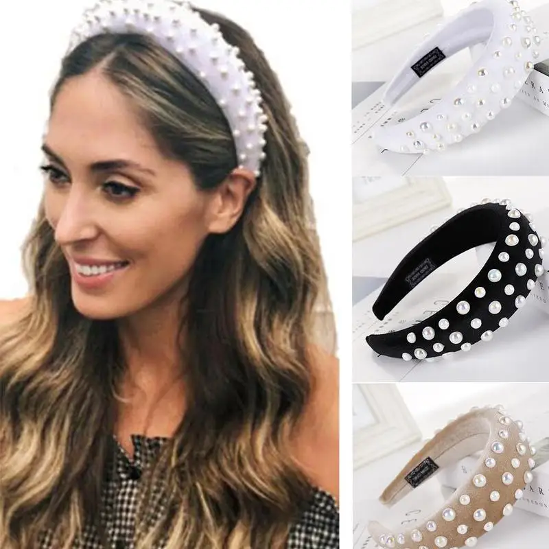

2019 Handmade Thick Velvet Headbands for Women Accessories Hair Band 4CM Wide Simulation Pearls Headwear Padded Hairbands