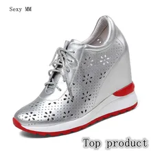 Туфли на танкетке из натуральной кожи; женские лоферы на плоской подошве со шнуровкой; Повседневная прогулочная обувь на плоской подошве, увеличивающая рост; высокое качество