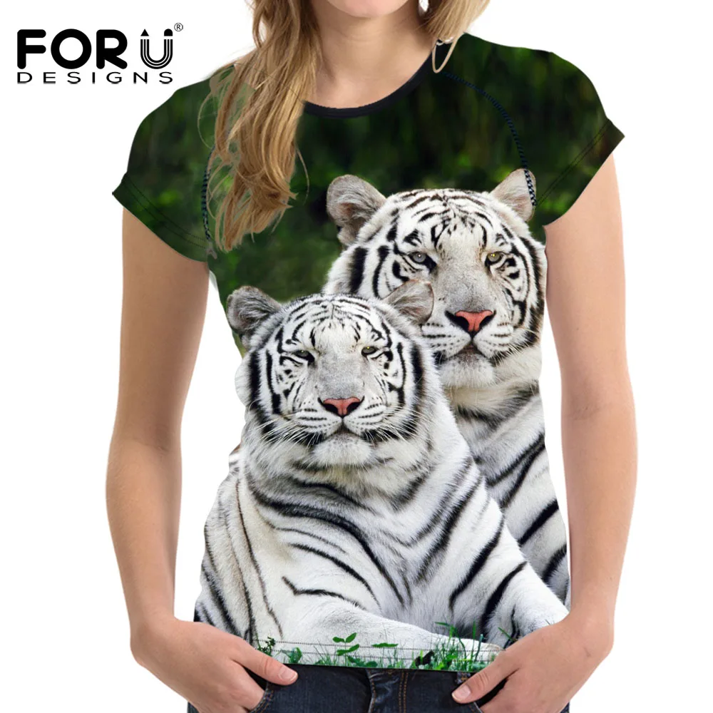 FORUDESIGNS Cool 3D Animal White Tiger Print Women Summer T Shirt Vogue Short Sleeve Top Clothes