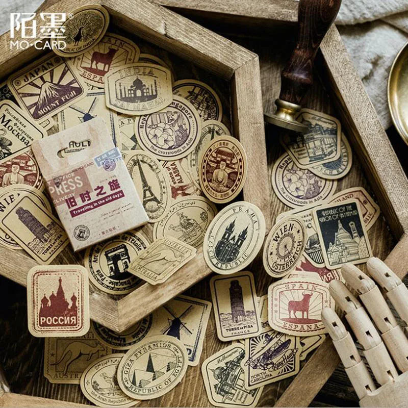 

46 Pieces / Box Retro Travel Stickers Kraft Paper Label Seal Sticker Ornament Scrapbook Diary Album Diy Learning Stationery